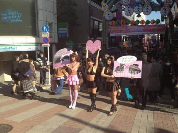 Anti-fur protesters at the entrance to Takeshita Doori/Street