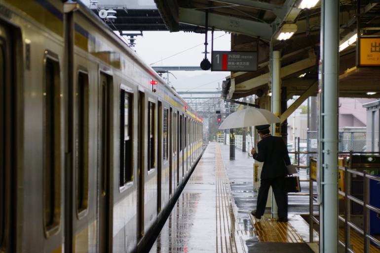 Rainy Awa-Kamogawa Station platform