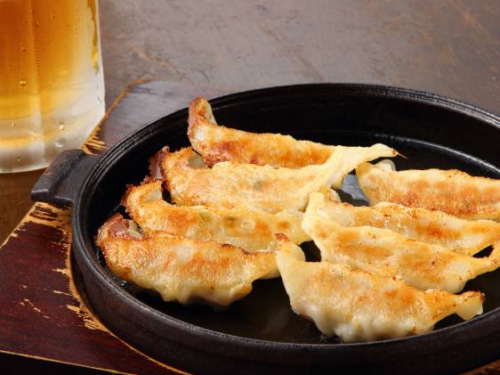 Gyoza dumplings and beer