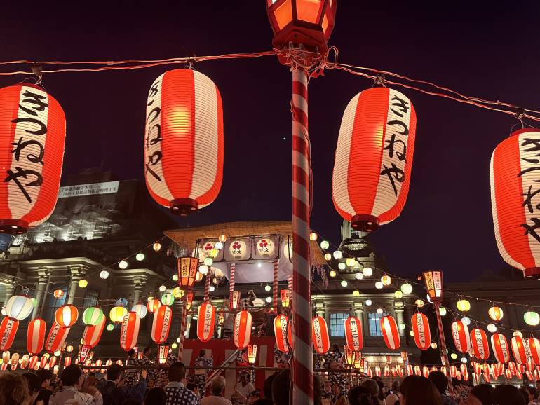 night time at the bon dance festival in tsukiji