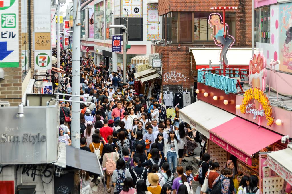 An overhead shot of the crowds and storefronts on Takeshita Street
