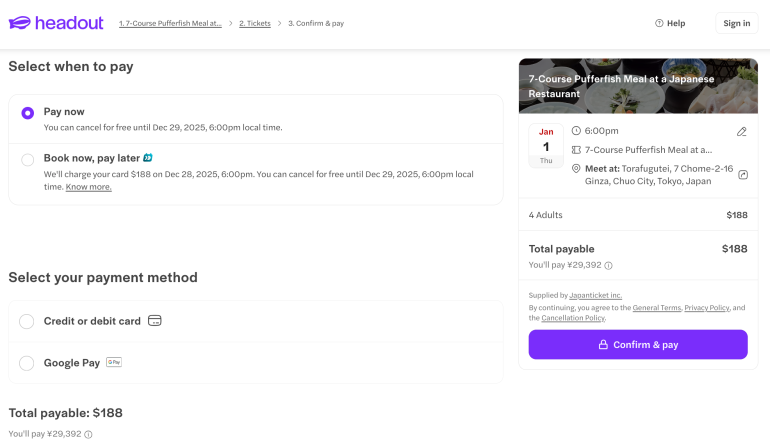 headout payment selection screen