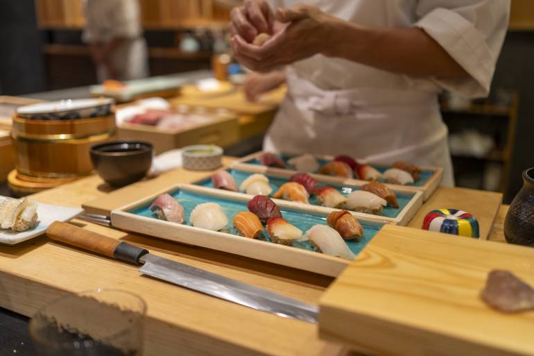 Chef is making Japanese Omakase in the restaurant