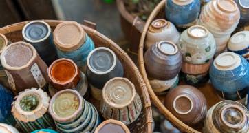 Cups in different colors and shapes, Made of clay.