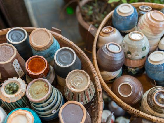 Cups in different colors and shapes, Made of clay.
