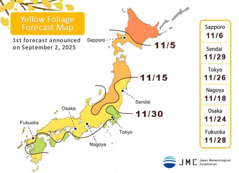 Yellow foliage forecast map for Japan 2025