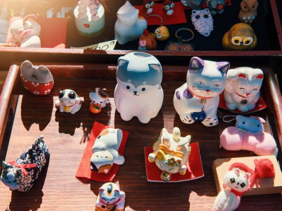 Goods on display at a flea market stall, a winter event in Tokyo.