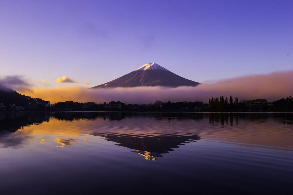 Mountain Fuji at winter morning with reflection on the lake Kawaguchi, Japan