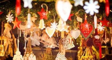 Shaped hanging ornaments to act as Christmas decorations on sale at Lincoln Christmas market. They are in the shape of stars, christmas trees, angels and hearts.