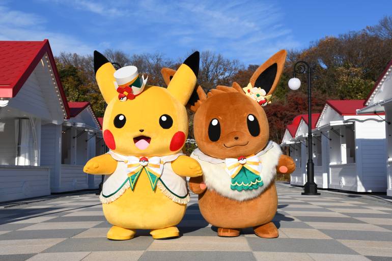 Pikachu and Eevee stand ready to greet visitors at PokePark KANTO