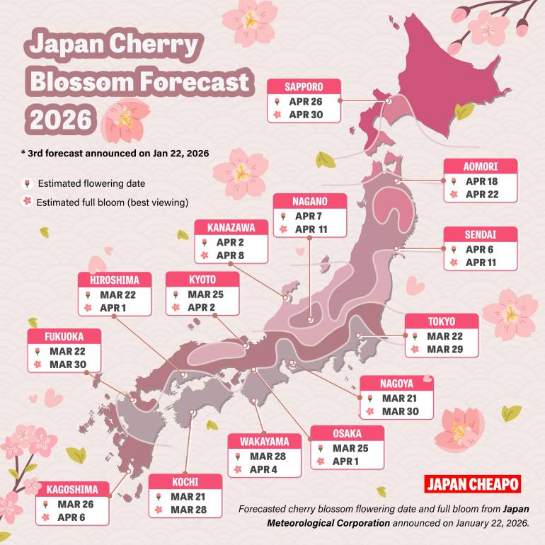 Japan Cherry Blossom Forecast map with dates 2026