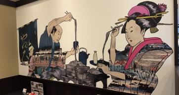 Ukiyo-e style soba mural at Nihonbashi Yabukyu, TOFROM YAESU TOWER