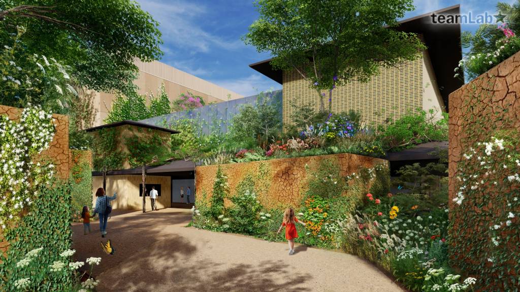 Rendering of teamLab TOKYO in Ariake, with plant-covered walls and trees around low buildings