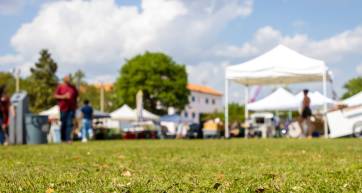 People walk around tents at an outdoor festival in a public park.