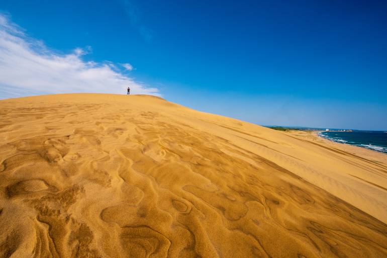 wind patterns and blue sky of Tottori sand dunes