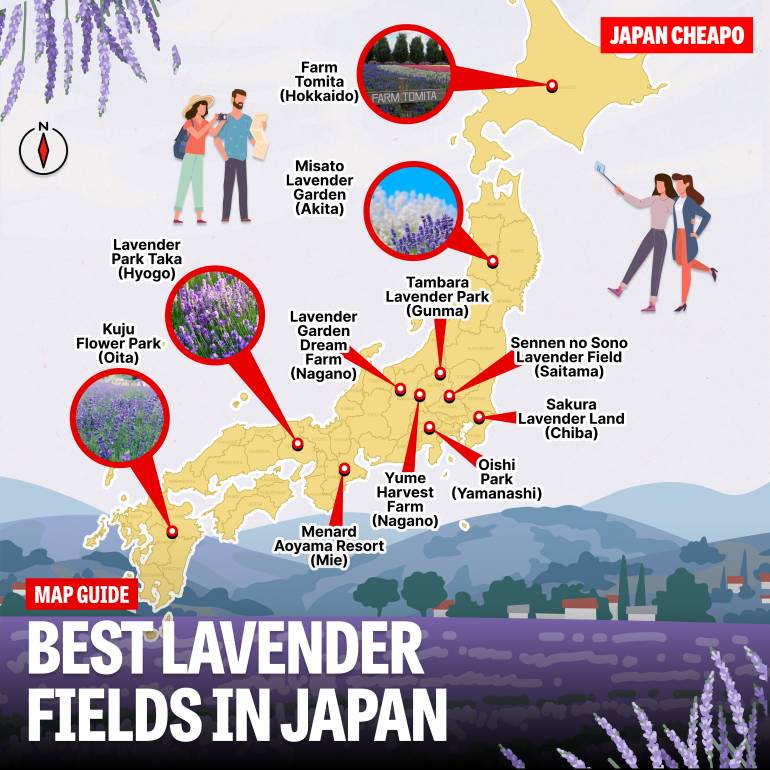 lavender fields around Japan - map