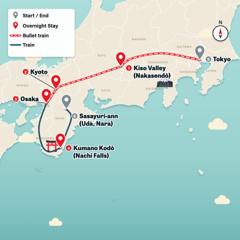 Map of the 10-day Japan walking itinerary from Tokyo to the Kii Peninsula
