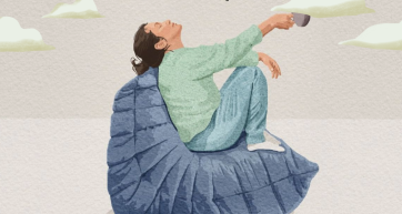Illustration of a mom relaxing in a beanbag chair with a coffee cup, promoting the Moms Coffee Break online event
