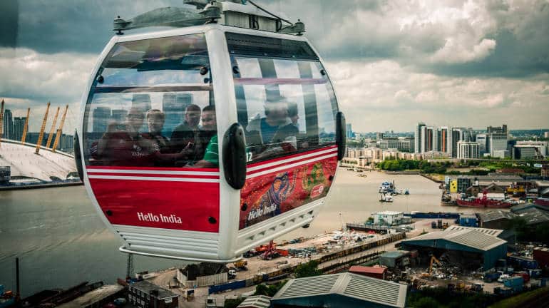 View to the west from the Emirates Air Line over the Thames.