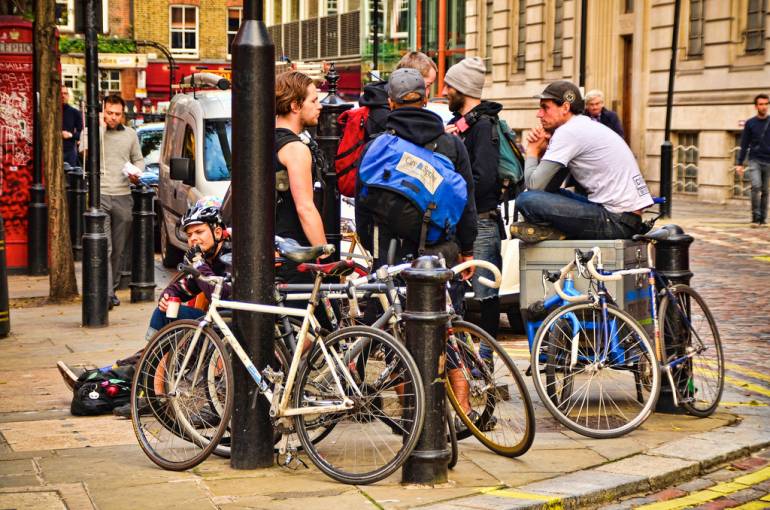 Bike couriers on a break.
