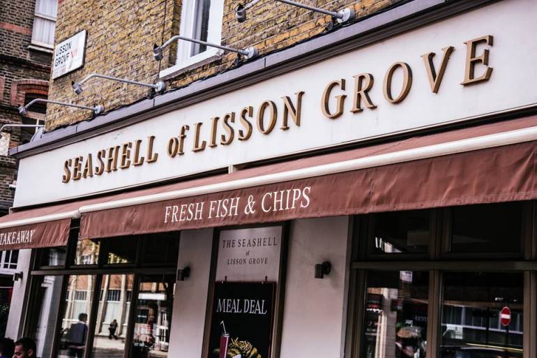 Front of an a traditional fish and chip restaurant