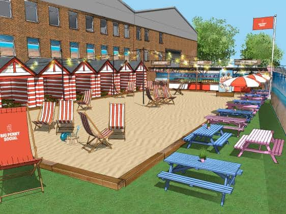 Graphic of deckchairs and beach huts on the sand.