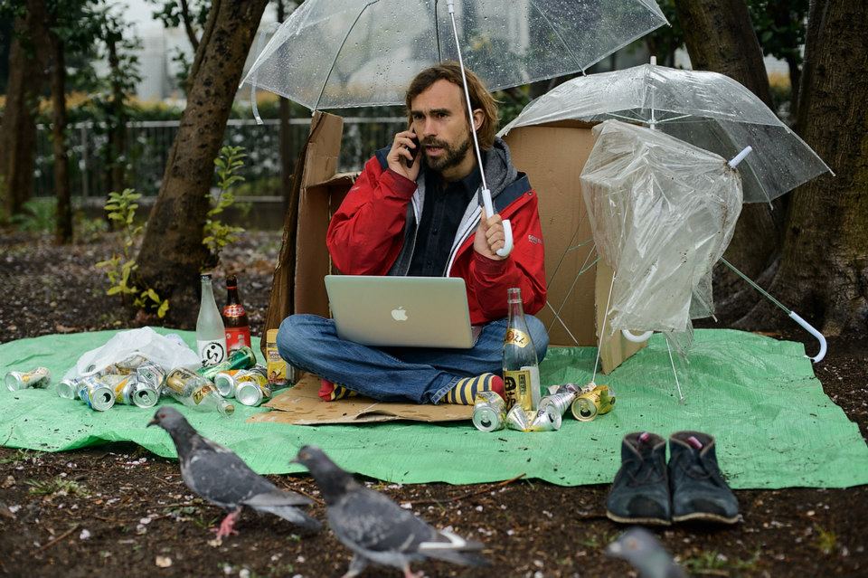 Working on a laptop in the park