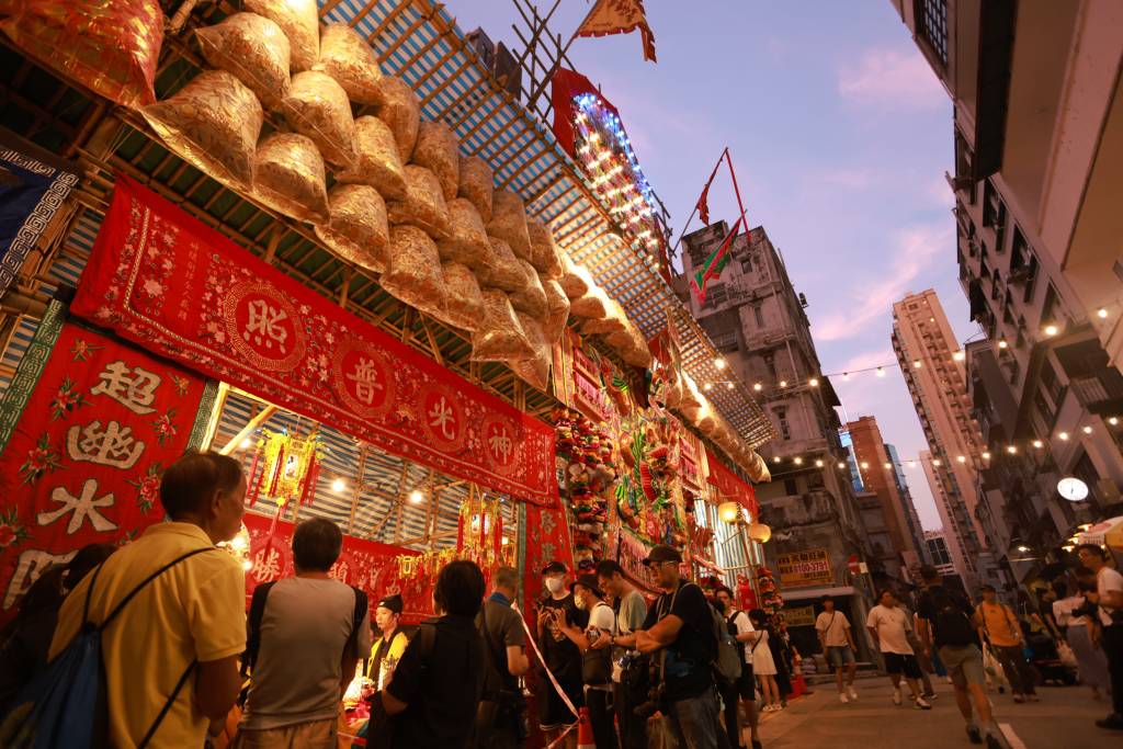 Hong Kong August 27 2024: Matshed theatre is set up for Ghost Festival or called Yu Lan or Yulanpen festvial. Chinese believe on 15th day the realms of Hell and the realm of the living are open.